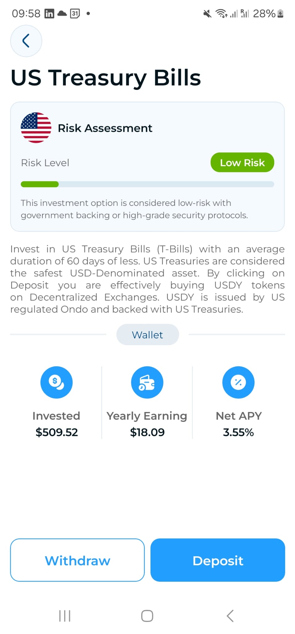 Cadmos Pay US Treasury Bills investment screen with risk assessment, wallet metrics, and deposit action